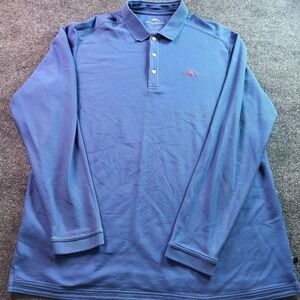 Tommy Bahama Mens XL T Blue Long Sleeve Polo Shirt Classic Fit Embellished Golf